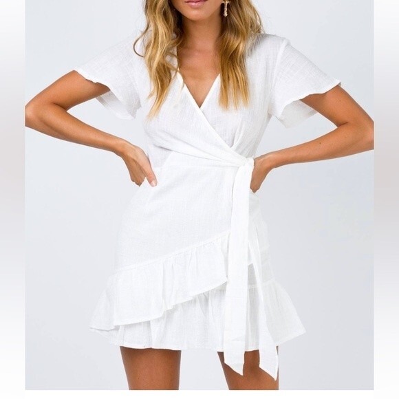 Princess Polly White Gauze Wrap Front Ruffled Skirt Fit and Flare Dress Size 4 - Picture 1 of 13